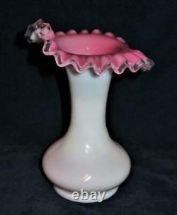 Victorian Milk White Pink Crimped Rim Art Glass Jack In The Pulpit 8 Vase, PAIR