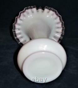 Victorian Milk White Pink Crimped Rim Art Glass Jack In The Pulpit 8 Vase, PAIR