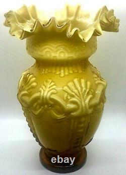 Victorian Mold Art Glass Cased Vase Amber Embossed Ruffled Vintage