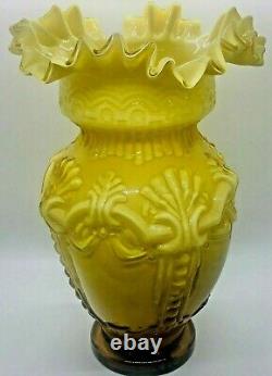 Victorian Mold Art Glass Cased Vase Amber Embossed Ruffled Vintage