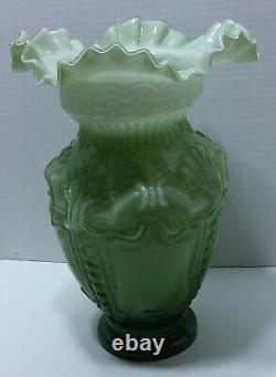 Victorian Mold Hand Blown Art Glass Cased Vase Green Embossed Ruffled Vintage