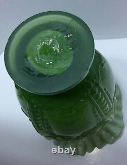 Victorian Mold Hand Blown Art Glass Cased Vase Green Embossed Ruffled Vintage