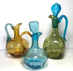 Victorian Moser Bohemian Art Glass Cruet Set 3 Amber & Blue