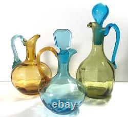 Victorian Moser Bohemian Art Glass Cruet Set 3 Amber & Blue