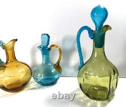 Victorian Moser Bohemian Art Glass Cruet Set 3 Amber & Blue