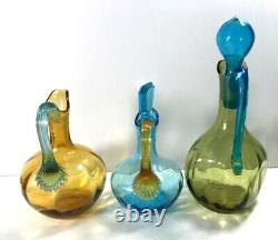 Victorian Moser Bohemian Art Glass Cruet Set 3 Amber & Blue