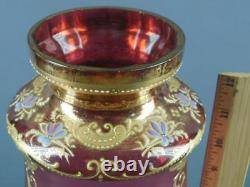 Victorian Moser Bohemian Cranberry Glass Hand Painted Enameled Flowers Gilded