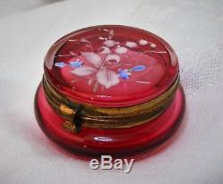 Victorian Moser Bohemian Czech Cranberry Glass Pill Trinket Box Lily of Valley