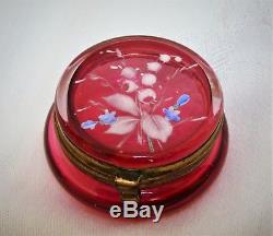 Victorian Moser Bohemian Czech Cranberry Glass Pill Trinket Box Lily of Valley