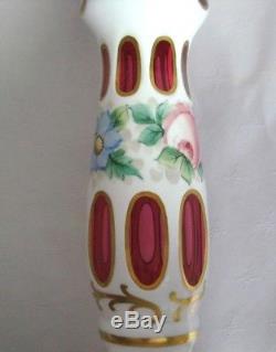 Victorian Moser Cut To Cranberry Enamel Flowers Glass Mantle Lusters Czech