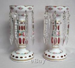 Victorian Moser Cut To Cranberry Enamel Flowers Glass Mantle Lusters Czech