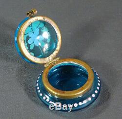 Victorian Moser Enamel Painted Flower Turquoise Glass Trinket Miniature Pill Box