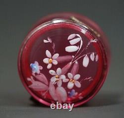 Victorian Moser Glass Enamel Floral Painted Cranberry Red Casket Round Pill Box
