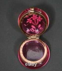 Victorian Moser Glass Enamel Floral Painted Cranberry Red Casket Round Pill Box