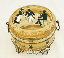 Victorian Moser Gold Enamel Hand Paint Silhouette Hinged Wire Vanity Dresser Box