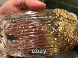 Victorian Moser Style Bohemian Harrach with Gold Enamel 3 footed Vase 8 T