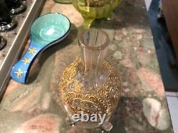 Victorian Moser Style Bohemian Harrach with Gold Enamel 3 footed Vase 8 T