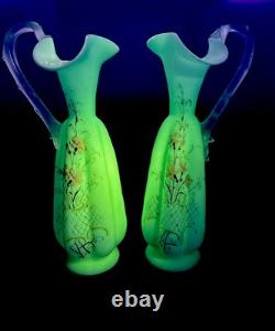 Victorian Mt Wash. Or Bohemian Cased Blue Satin Glass Ewer Pitcher Pair Uranium Victorian Mt Wash. Or Bohemian Cased Blue Satin Glass Ewer Pitcher Pair Uranium