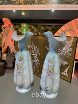Victorian Mt Wash. Or Bohemian Cased Blue Satin Glass Ewer Pitcher Pair Uranium Victorian Mt Wash. Or Bohemian Cased Blue Satin Glass Ewer Pitcher Pair Uranium