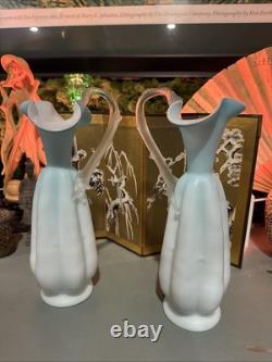 Victorian Mt Wash. Or Bohemian Cased Blue Satin Glass Ewer Pitcher Pair Uranium Victorian Mt Wash. Or Bohemian Cased Blue Satin Glass Ewer Pitcher Pair Uranium