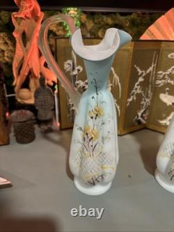 Victorian Mt Wash. Or Bohemian Cased Blue Satin Glass Ewer Pitcher Pair Uranium Victorian Mt Wash. Or Bohemian Cased Blue Satin Glass Ewer Pitcher Pair Uranium