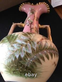 Victorian Mt Washington Glass/ Smith Brothers Opal Glass Hand Painted 14 Vase