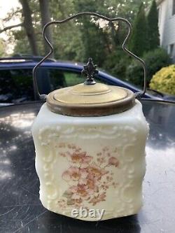 Victorian Mt Washington Wavecrest Art Glass Biscuit Jar Floral Cracker Jar 10