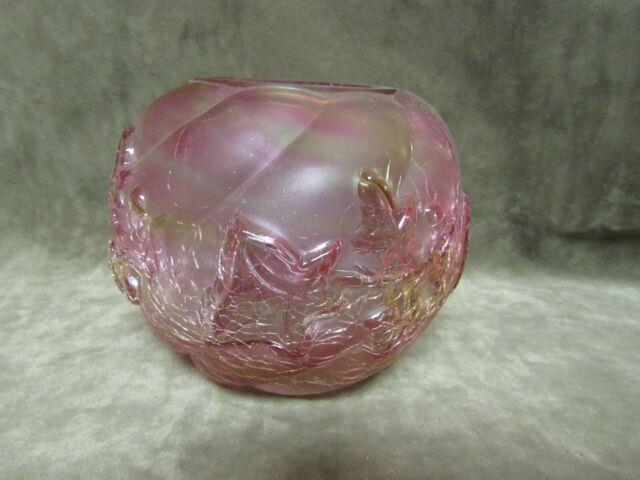 Victorian Northwood Art Glass Pink Yellow Mottled Crackle Ivy Rose Bowl Vase