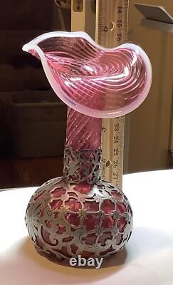 Victorian Opalescent Swirl Jack in the Pulpit Metal Cage Vase 6 Inch Unique Victorian Opalescent Swirl Jack in the Pulpit Metal Cage Vase 6 Inch Unique