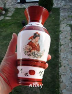 Victorian Opaline Glass Hand Painted Vase from c. 1880 Geisha-Art Glass