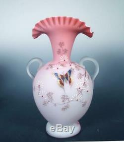 Victorian PR Pink Satin Art Glass 1890s Japonisme Butterfly Enamel Webb Harrach