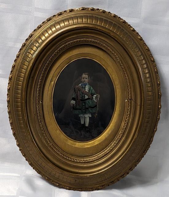 Victorian Painting Of Boy With Musket On Glass Wood Framed Antique Wall Art