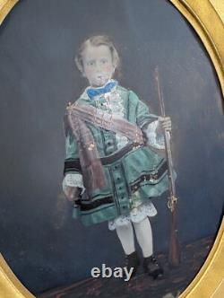 Victorian Painting Of Boy With Musket On Glass Wood Framed Antique Wall Art Victorian Painting Of Boy With Musket On Glass Wood Framed Antique Wall Art