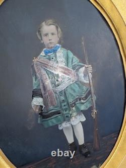 Victorian Painting Of Boy With Musket On Glass Wood Framed Antique Wall Art Victorian Painting Of Boy With Musket On Glass Wood Framed Antique Wall Art