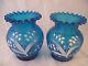 Victorian Pair Blue Satin Bristol Glass Vases Enameled Lily Of The Valley (2)