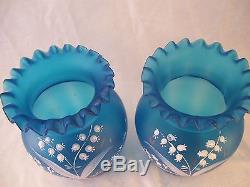 Victorian Pair Blue Satin Bristol Glass Vases Enameled Lily of the Valley (2)