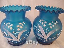 Victorian Pair Blue Satin Bristol Glass Vases Enameled Lily of the Valley (2)