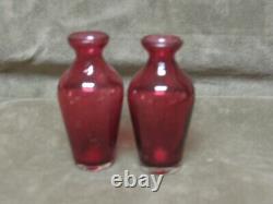 Victorian Pair Hand Blown Art Glass Cranberry Red/Cased Clear MINI Vases