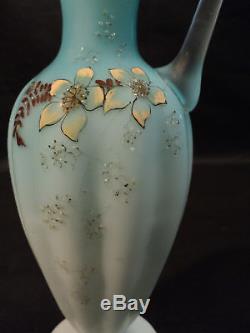 Victorian Pale Blue Satin Glass Ewer, Enameled Design