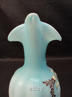 Victorian Pale Blue Satin Glass Ewer, Enameled Design