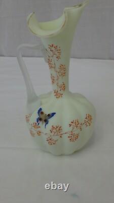 Victorian Pale Yellow Satin Vaseline Glass Ewer Enameled Design Victorian Pale Yellow Satin Vaseline Glass Ewer Enameled Design