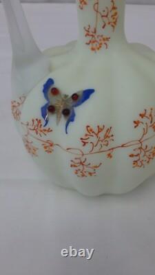 Victorian Pale Yellow Satin Vaseline Glass Ewer Enameled Design Victorian Pale Yellow Satin Vaseline Glass Ewer Enameled Design