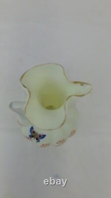 Victorian Pale Yellow Satin Vaseline Glass Ewer Enameled Design Victorian Pale Yellow Satin Vaseline Glass Ewer Enameled Design