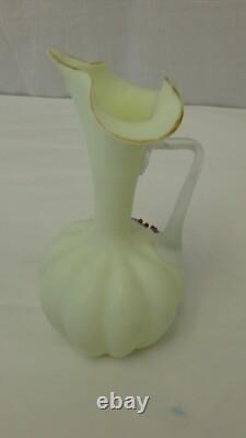 Victorian Pale Yellow Satin Vaseline Glass Ewer Enameled Design Victorian Pale Yellow Satin Vaseline Glass Ewer Enameled Design