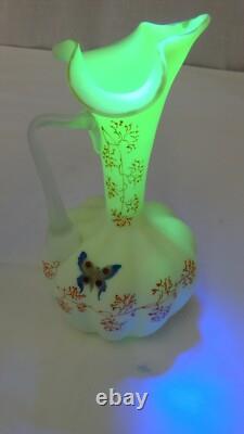 Victorian Pale Yellow Satin Vaseline Glass Ewer Enameled Design Victorian Pale Yellow Satin Vaseline Glass Ewer Enameled Design