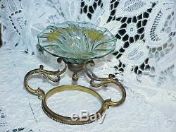 Victorian Peach blow Satin Green Glass Compote Center piece Brass holder Gilded