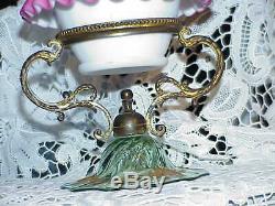 Victorian Peach blow Satin Green Glass Compote Center piece Brass holder Gilded