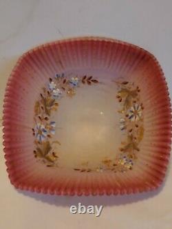 Victorian Pink Art Glass Hand Painted Centerpiece Square Bowl