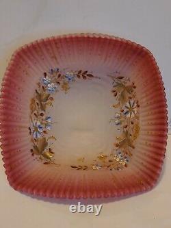 Victorian Pink Art Glass Hand Painted Centerpiece Square Bowl