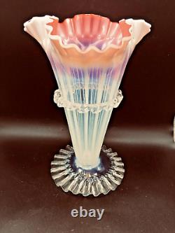 Victorian Pink Art Glass Trumpet Vase 10 Tall Hand Blown, Rigaree